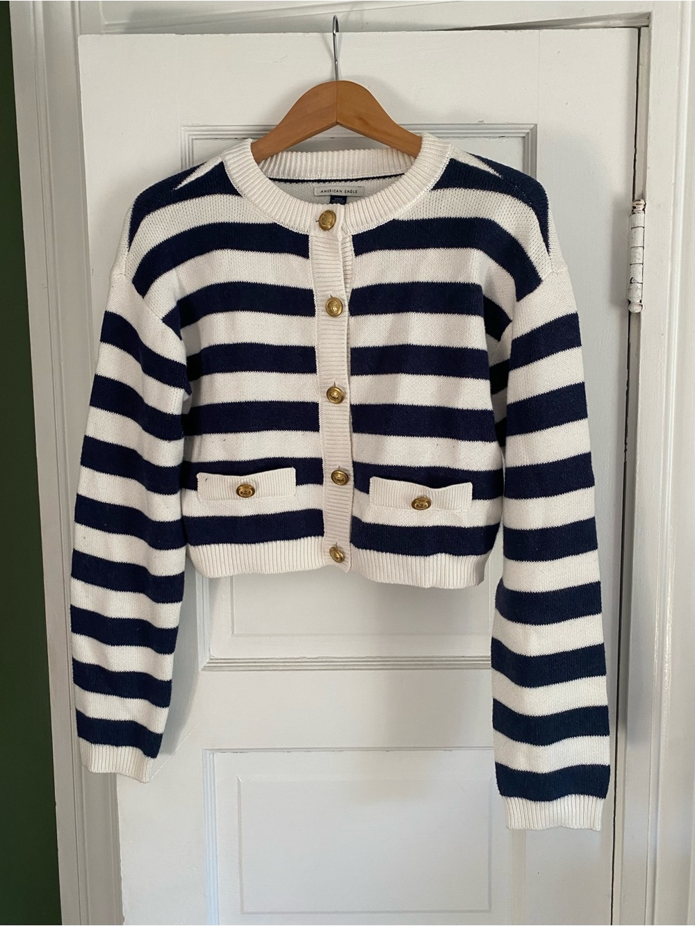 American Eagle Outfitters Navy and White Striped Cropped Cardigan size small